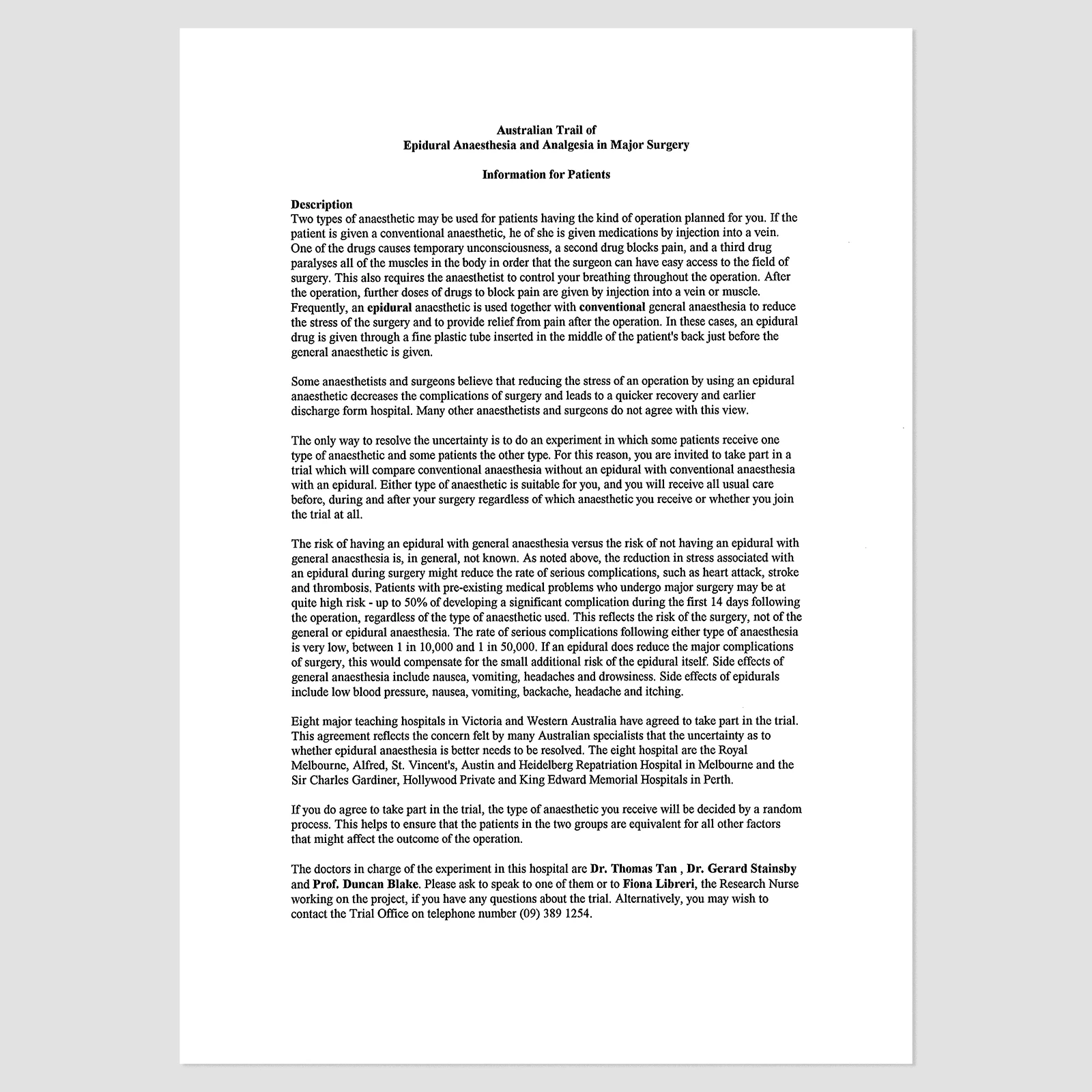 An image of the original one page patient information and consent form for the MASTER trial