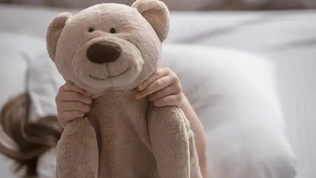 Small child holding a teddy 