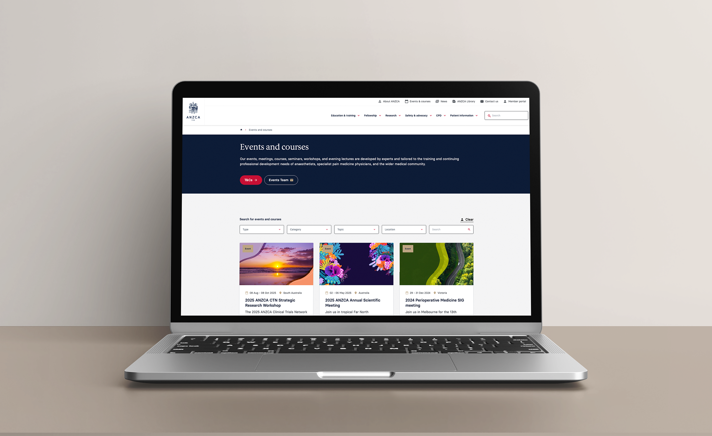 Screen shot of new ANZCA website on a laptop screen