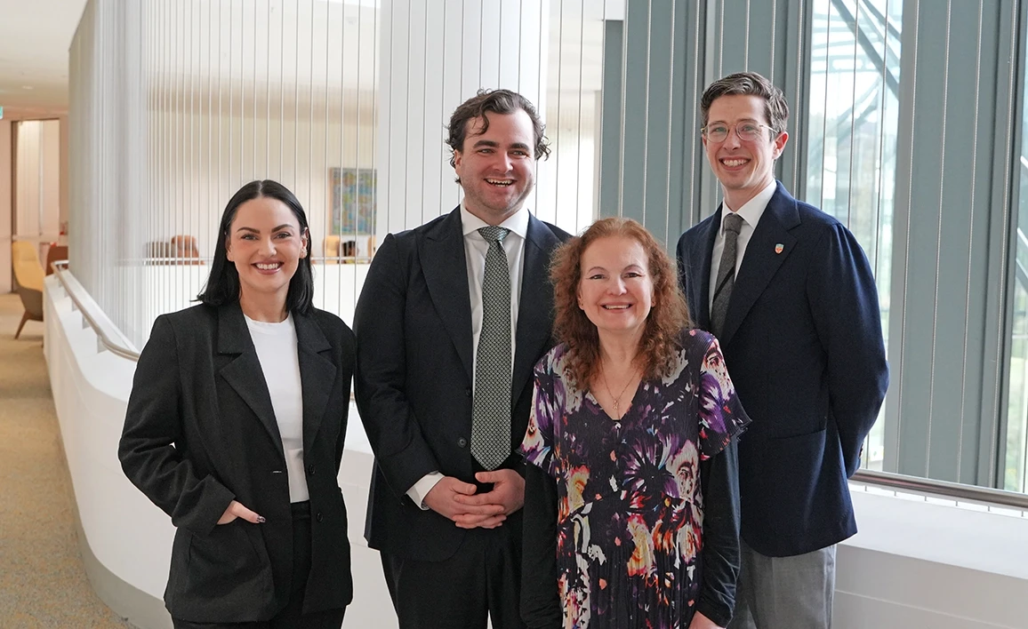 PUMA Lead Investigator Dr Luke Perry (centre left) with co-investigator A/Prof Lachlan Miles (far right) and cardiac surgery survivors & PUMA Investigators Paige Druce (left) and Anne Hosemans (right).