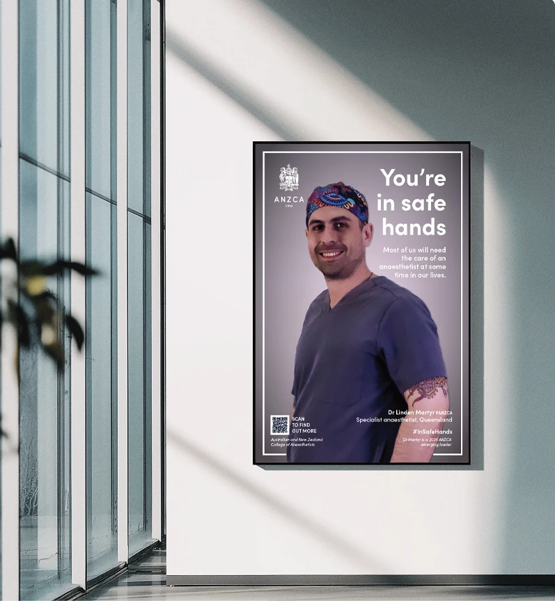 A large poster on a wall